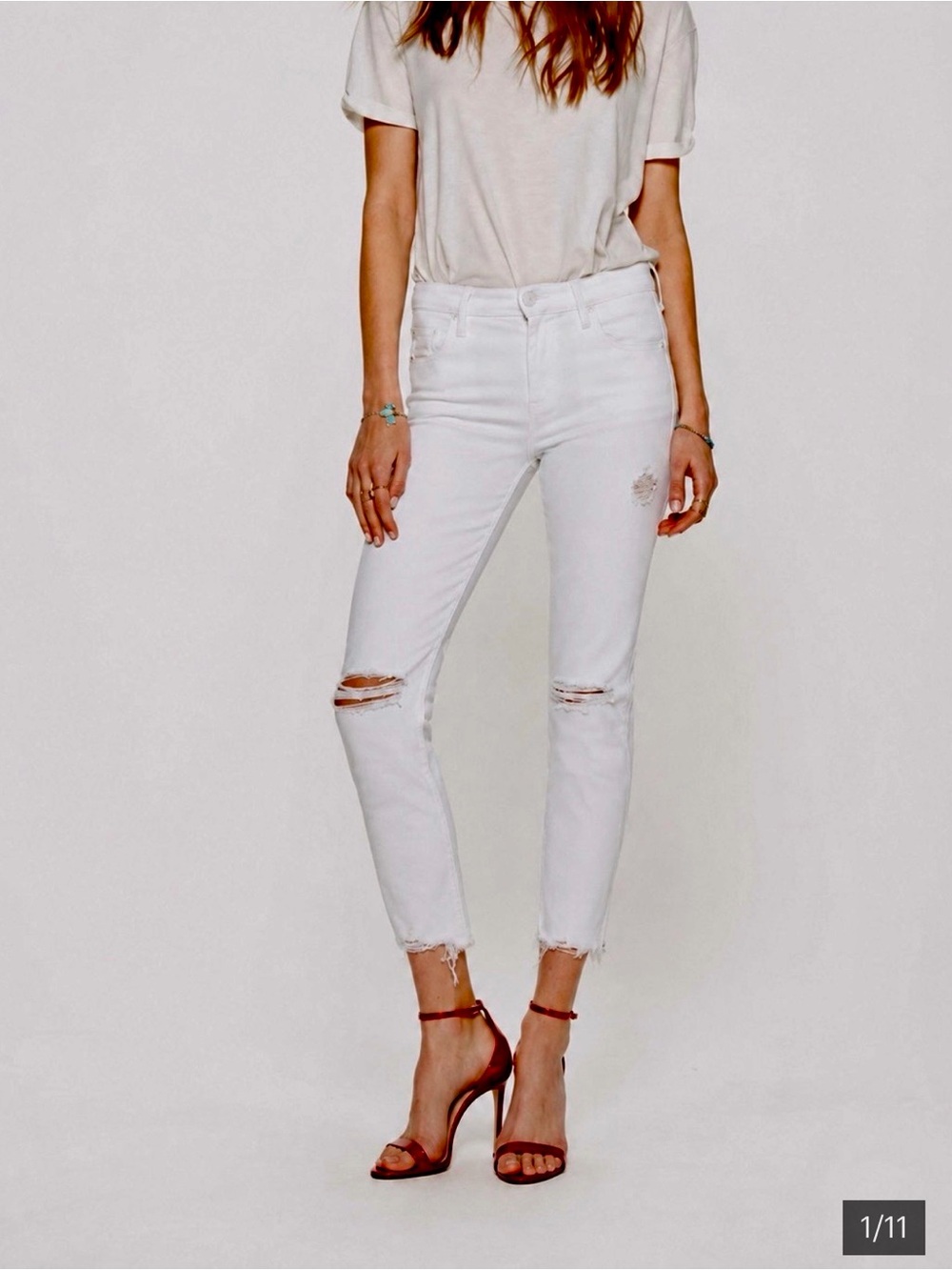 MOTHER White High-Rise Distressed The Flirt Ankle Crew Jeans